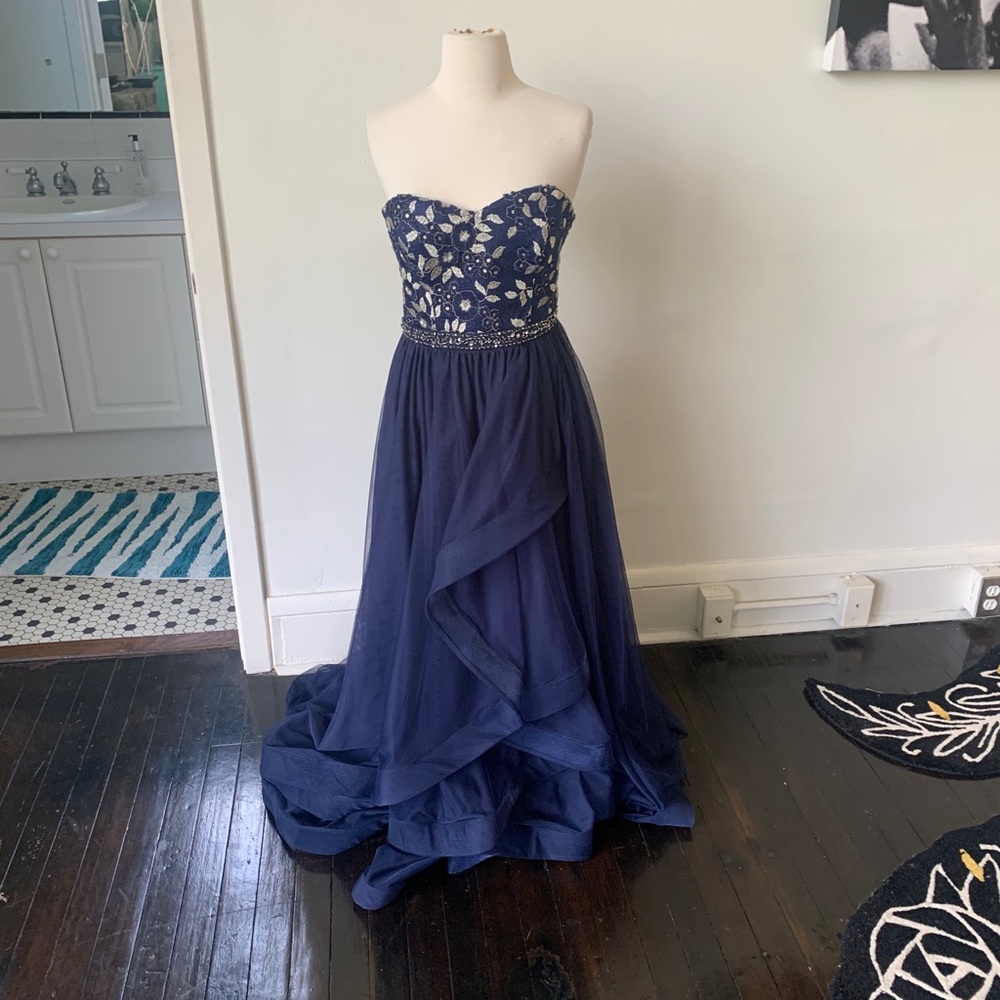 Navy Blue and Silver Beaded Prom Dress